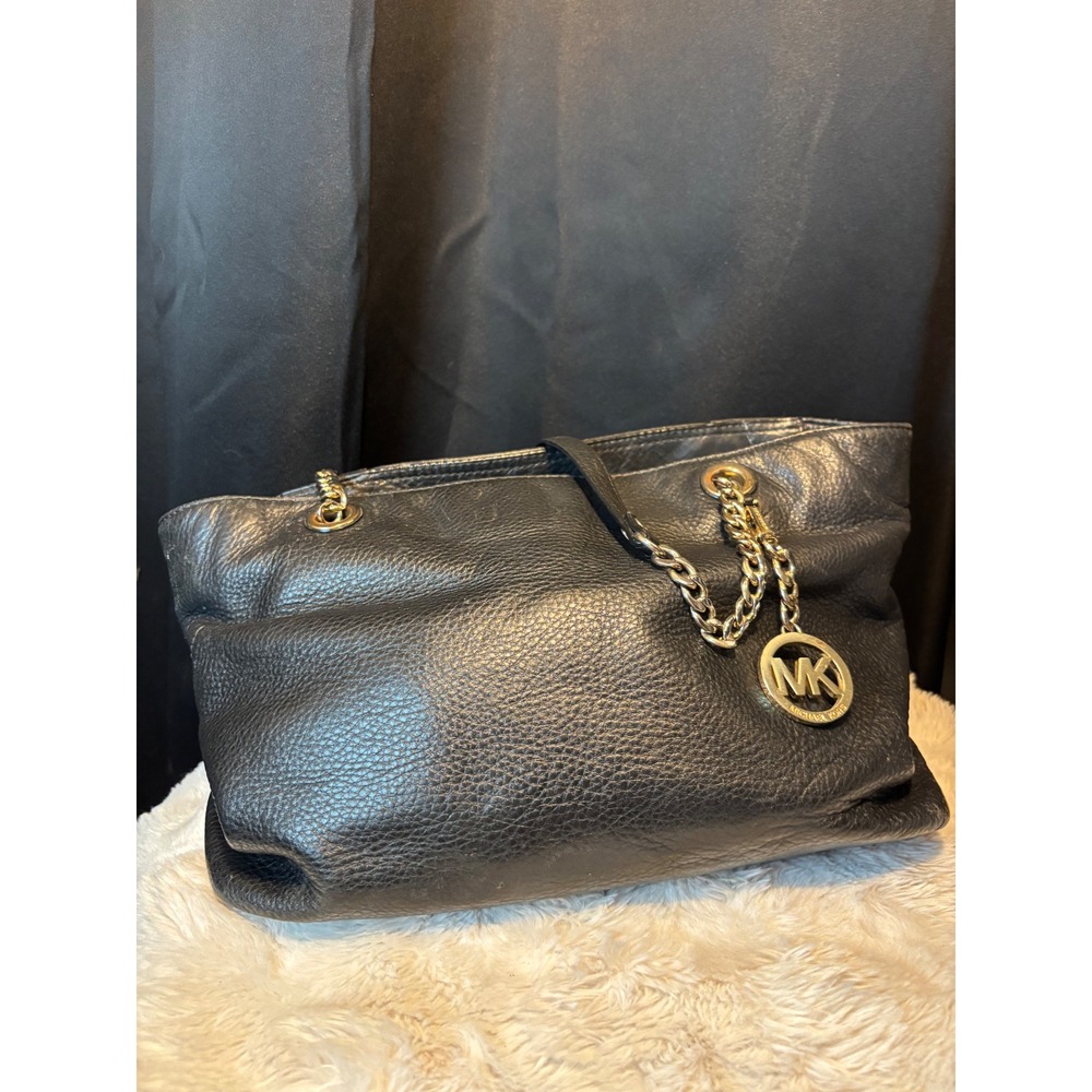 Michael Kors Black Pebbled Leather Chain Shoulder Bag Tote Gold Tone Hardware